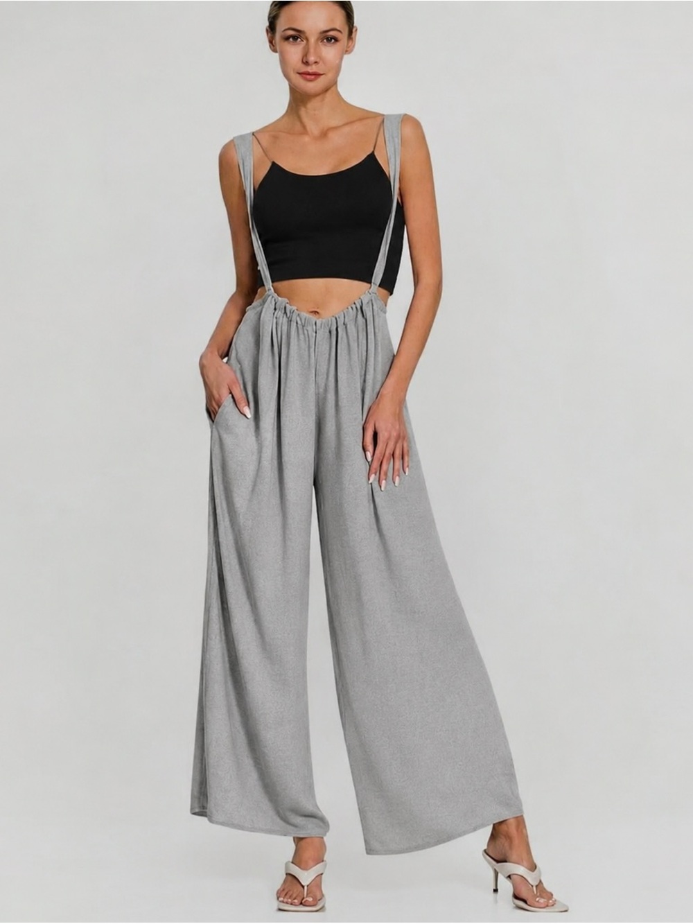 Zenana Outfitters Light Gray Wide-Leg Suspender Pants